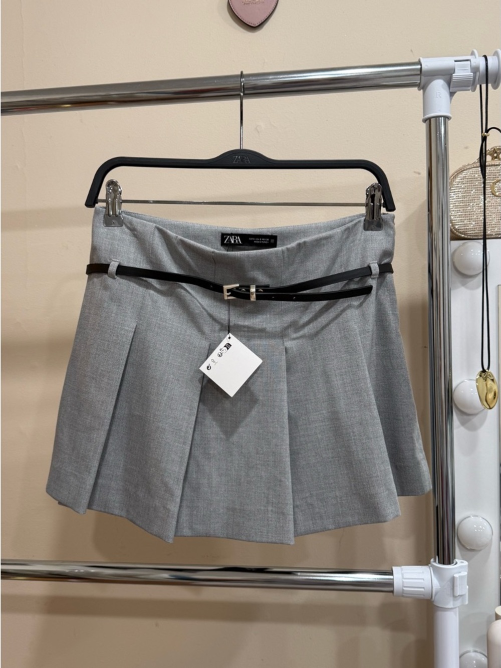 Zara Pleated Skort Gray Mini Skirt with Belt Size S (US 4)